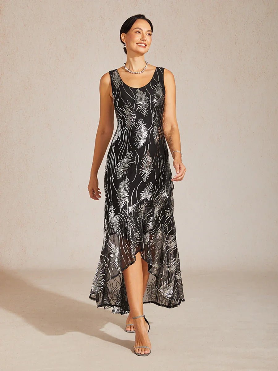 Vestido largo evasé sin mangas con tul de lentejuelas - Nhaura