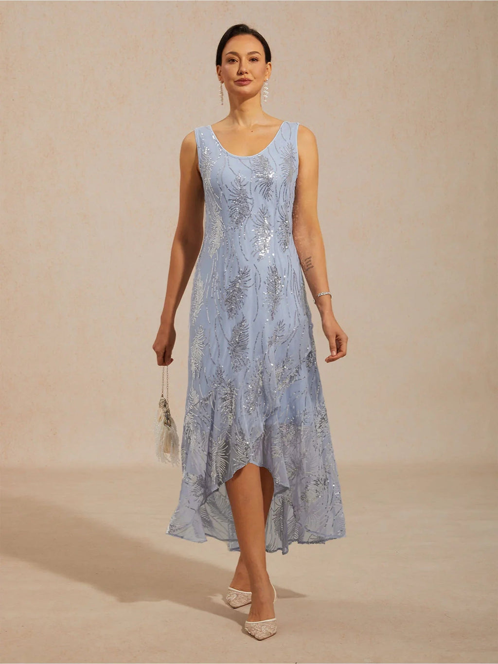 Vestido largo evasé sin mangas con tul de lentejuelas - Nhaura