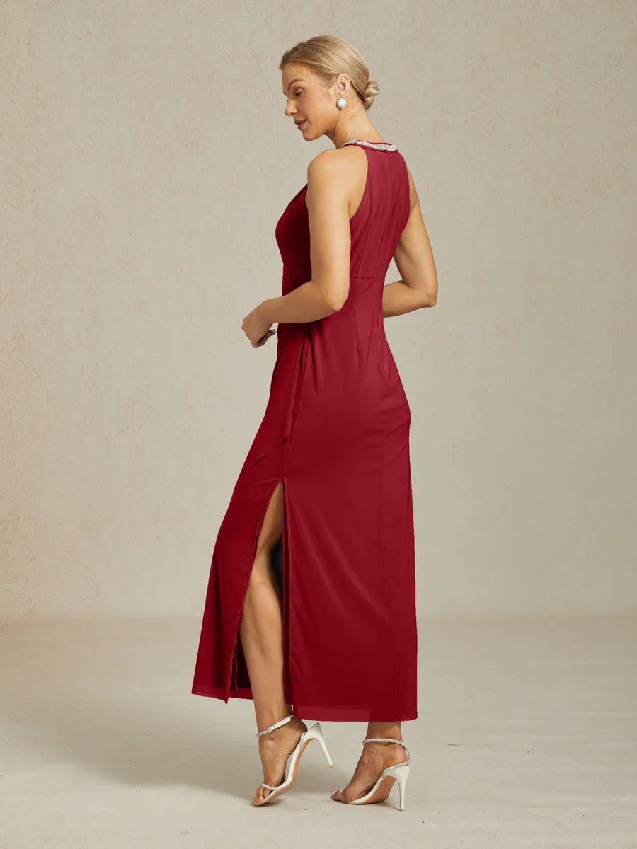 Vestido largo halter elegante con pedrería y detalle de volante - Nhaura