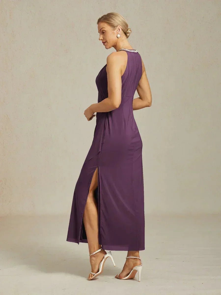 Vestido largo halter elegante con pedrería y detalle de volante - Nhaura
