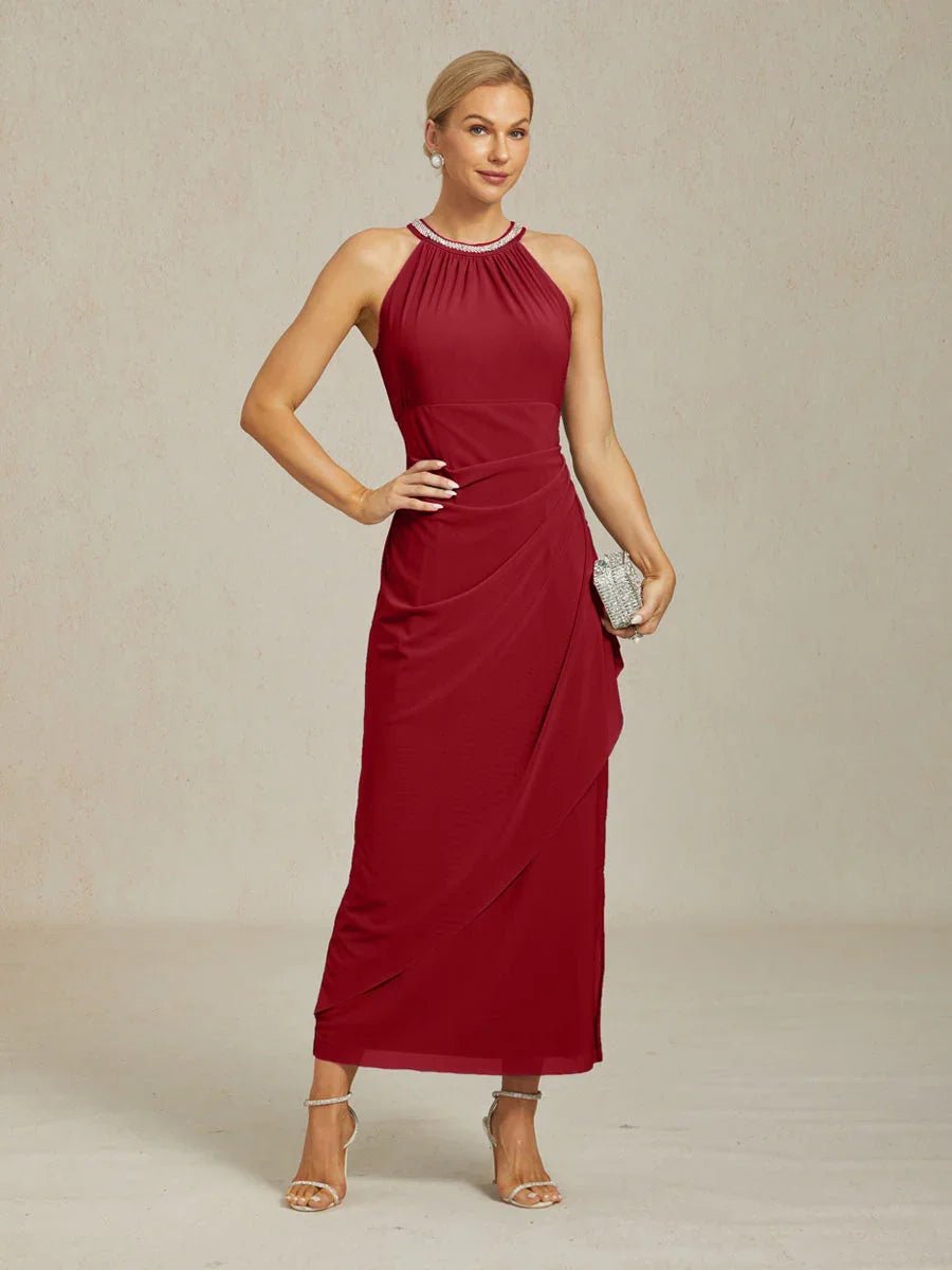 Vestido largo halter elegante con pedrería y detalle de volante - Nhaura