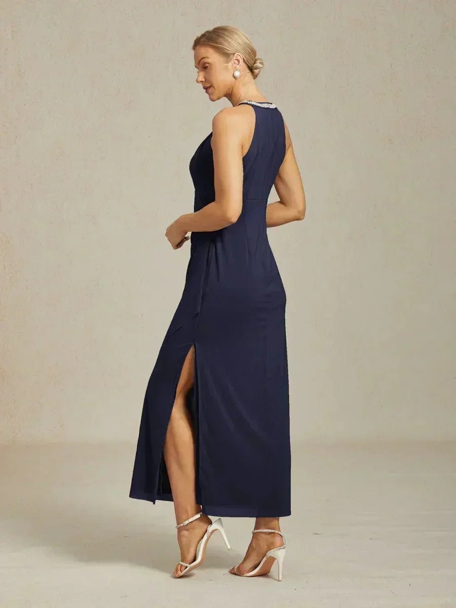 Vestido largo halter elegante con pedrería y detalle de volante - Nhaura