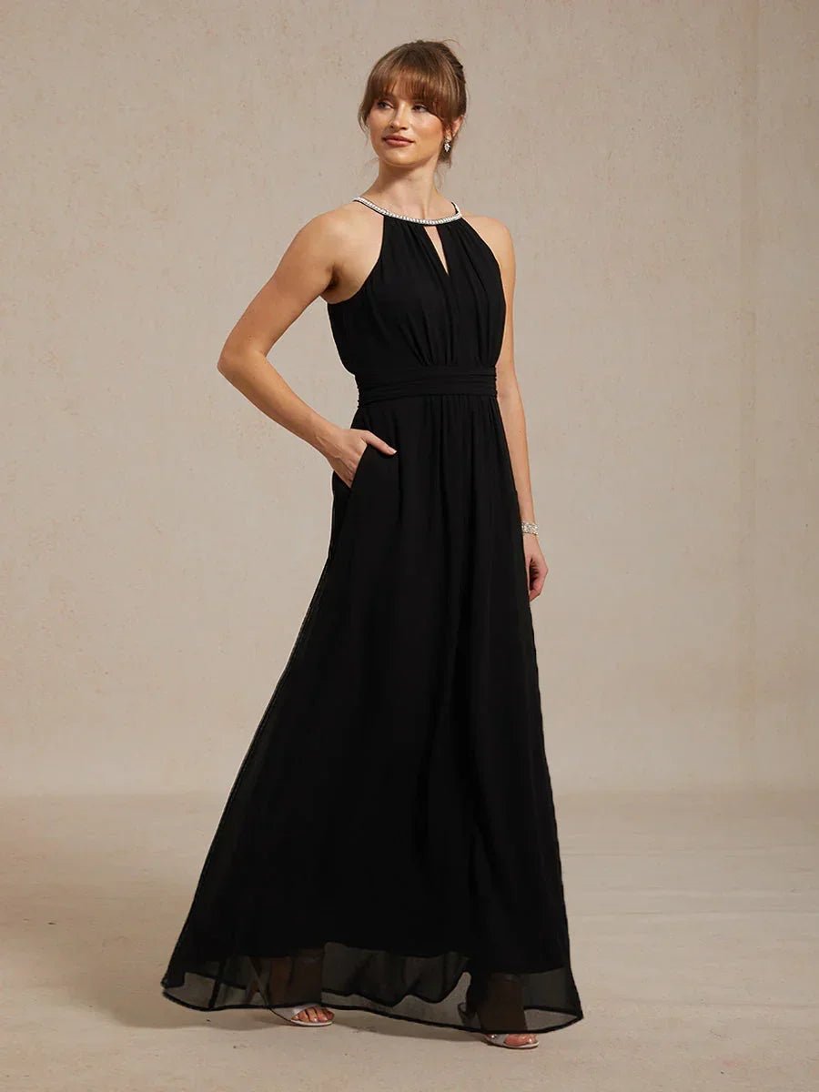 Vestido largo hasta el suelo de gasa con cuello halter y perlas - Nhaura