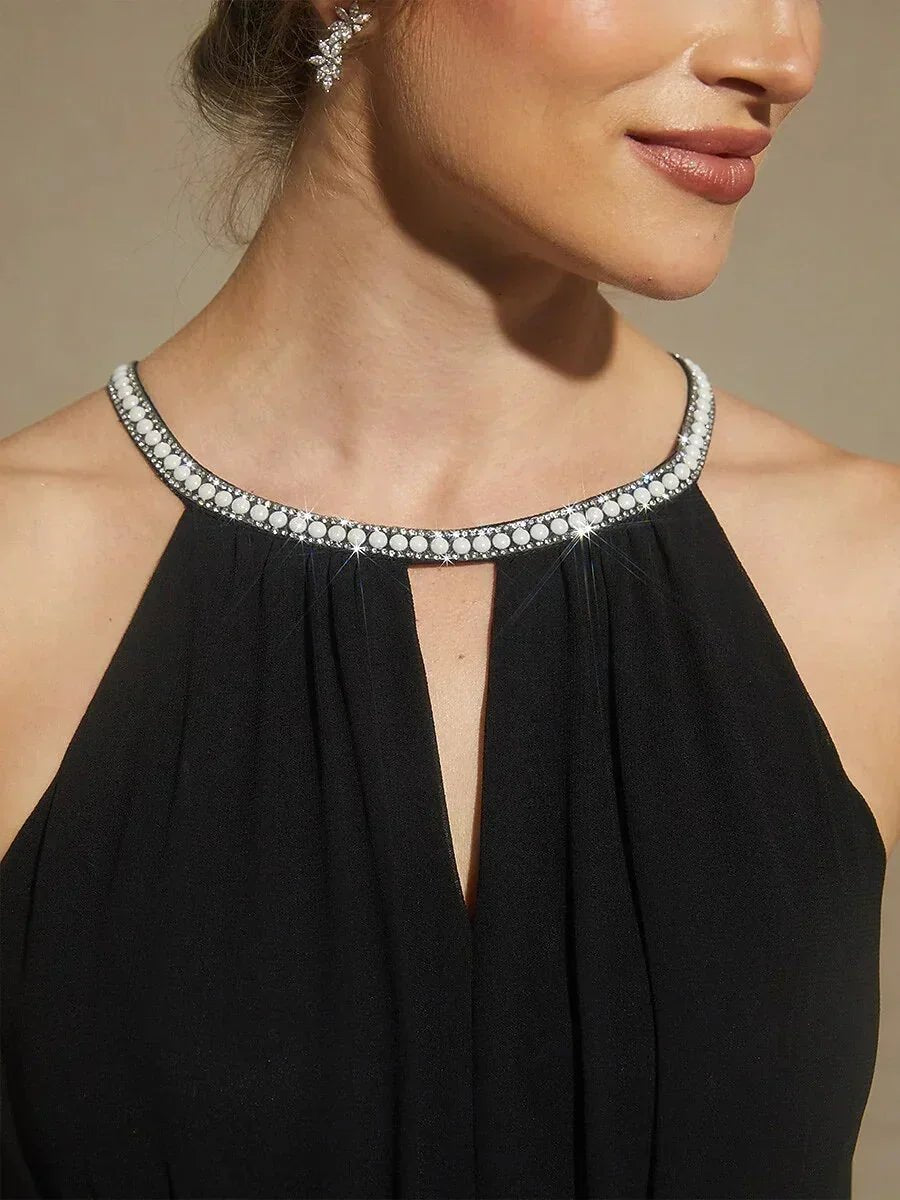 Vestido largo hasta el suelo de gasa con cuello halter y perlas - Nhaura