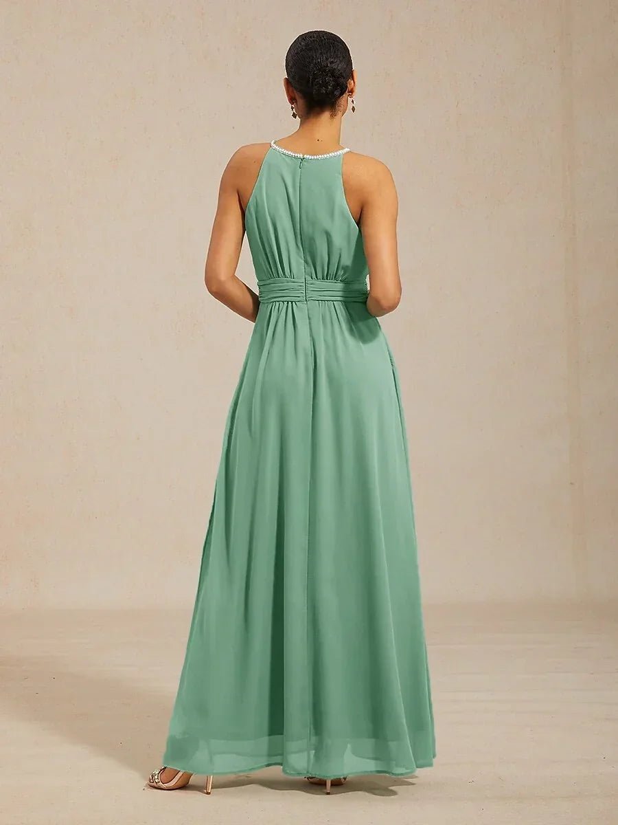 Vestido largo hasta el suelo de gasa con cuello halter y perlas - Nhaura