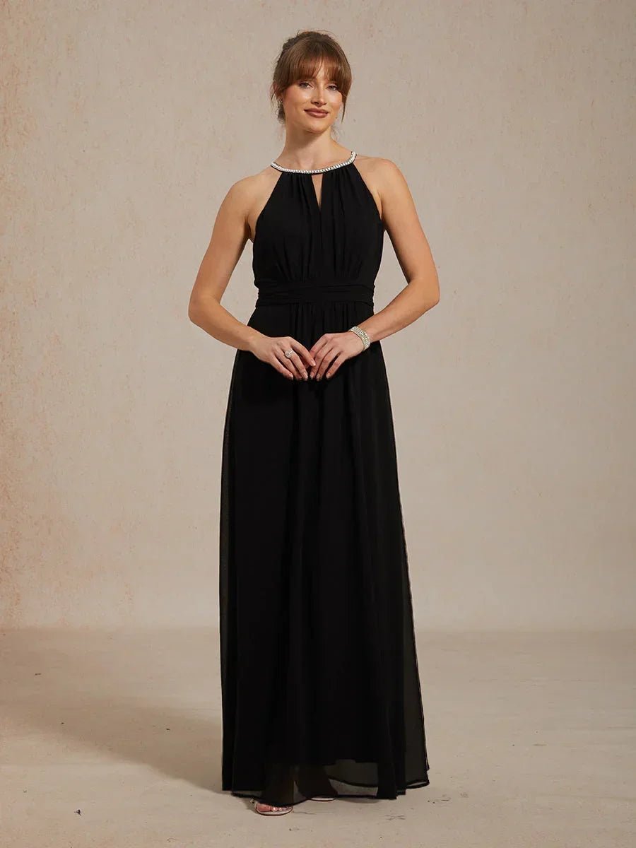 Vestido largo hasta el suelo de gasa con cuello halter y perlas - Nhaura