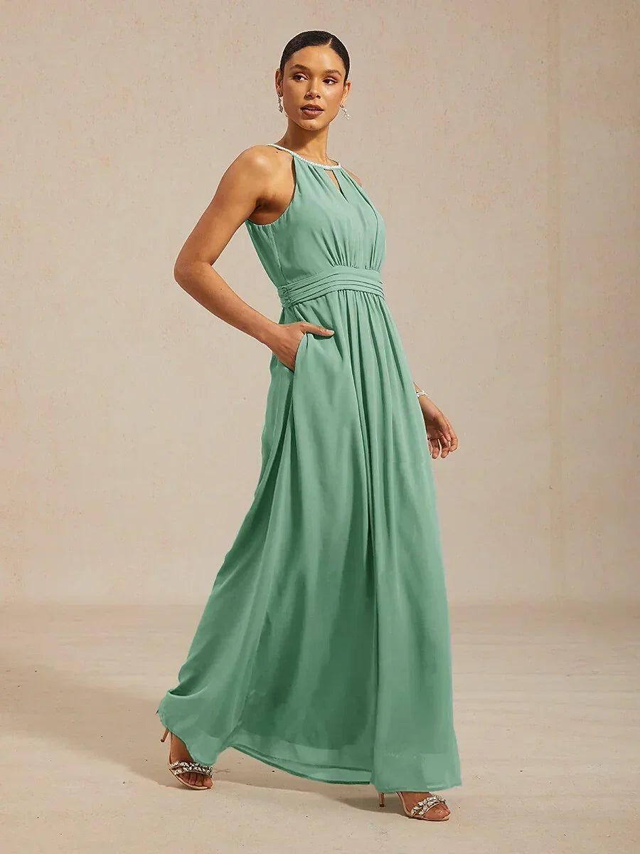 Vestido largo hasta el suelo de gasa con cuello halter y perlas - Nhaura