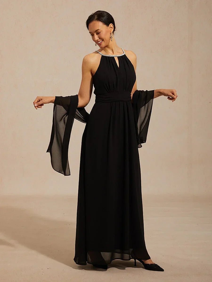 Vestido largo hasta el suelo de gasa con cuello halter y perlas - Nhaura