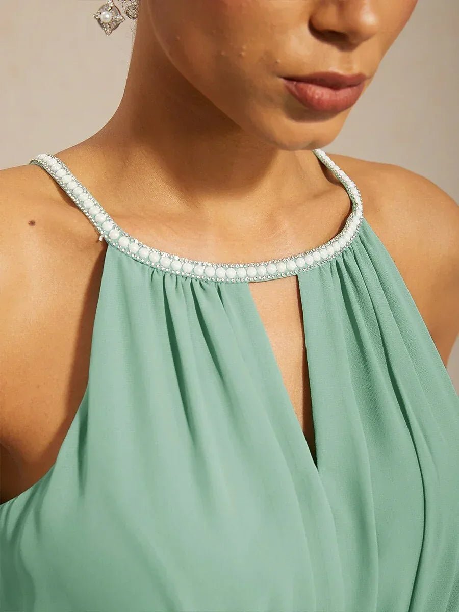 Vestido largo hasta el suelo de gasa con cuello halter y perlas - Nhaura