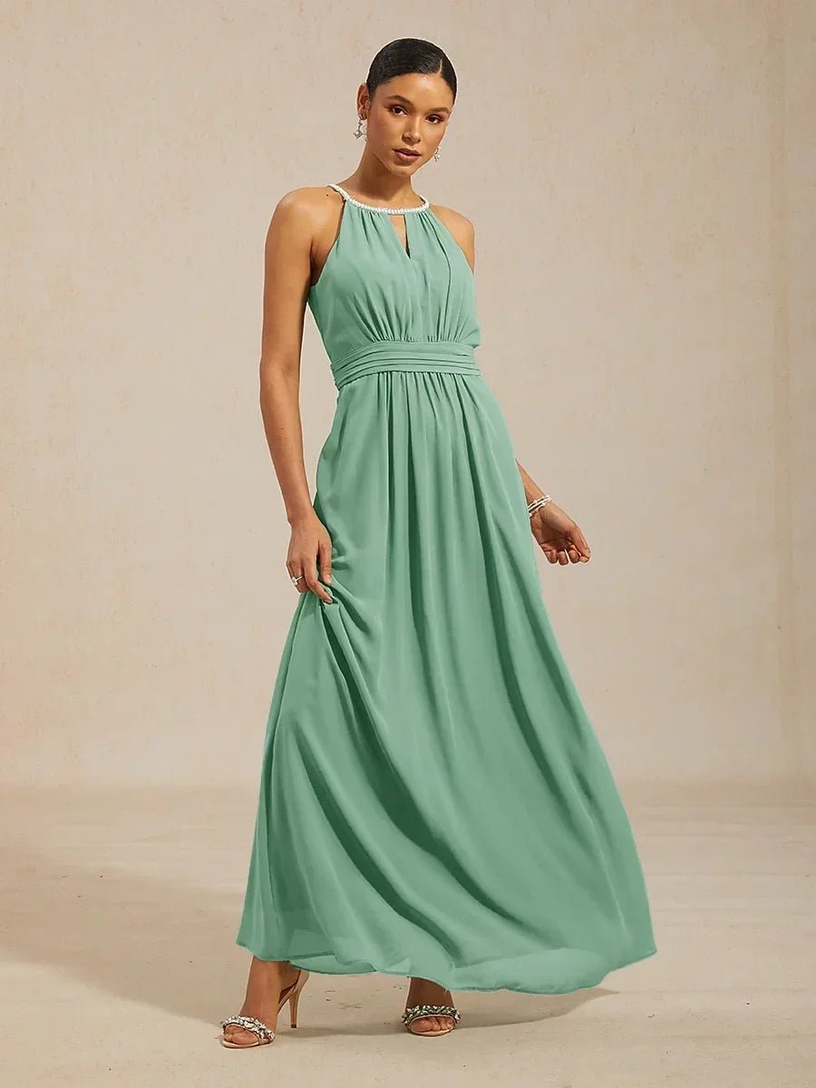 Vestido largo hasta el suelo de gasa con cuello halter y perlas - Nhaura