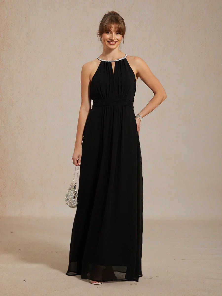 Vestido largo hasta el suelo de gasa con cuello halter y perlas - Nhaura