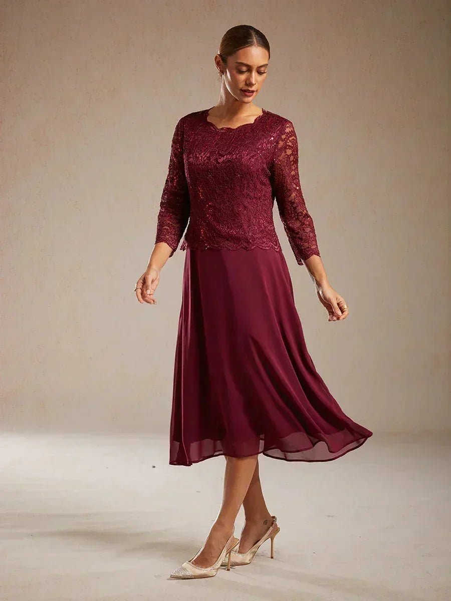 Vestido largo té elegante de encaje y gasa - Nhaura