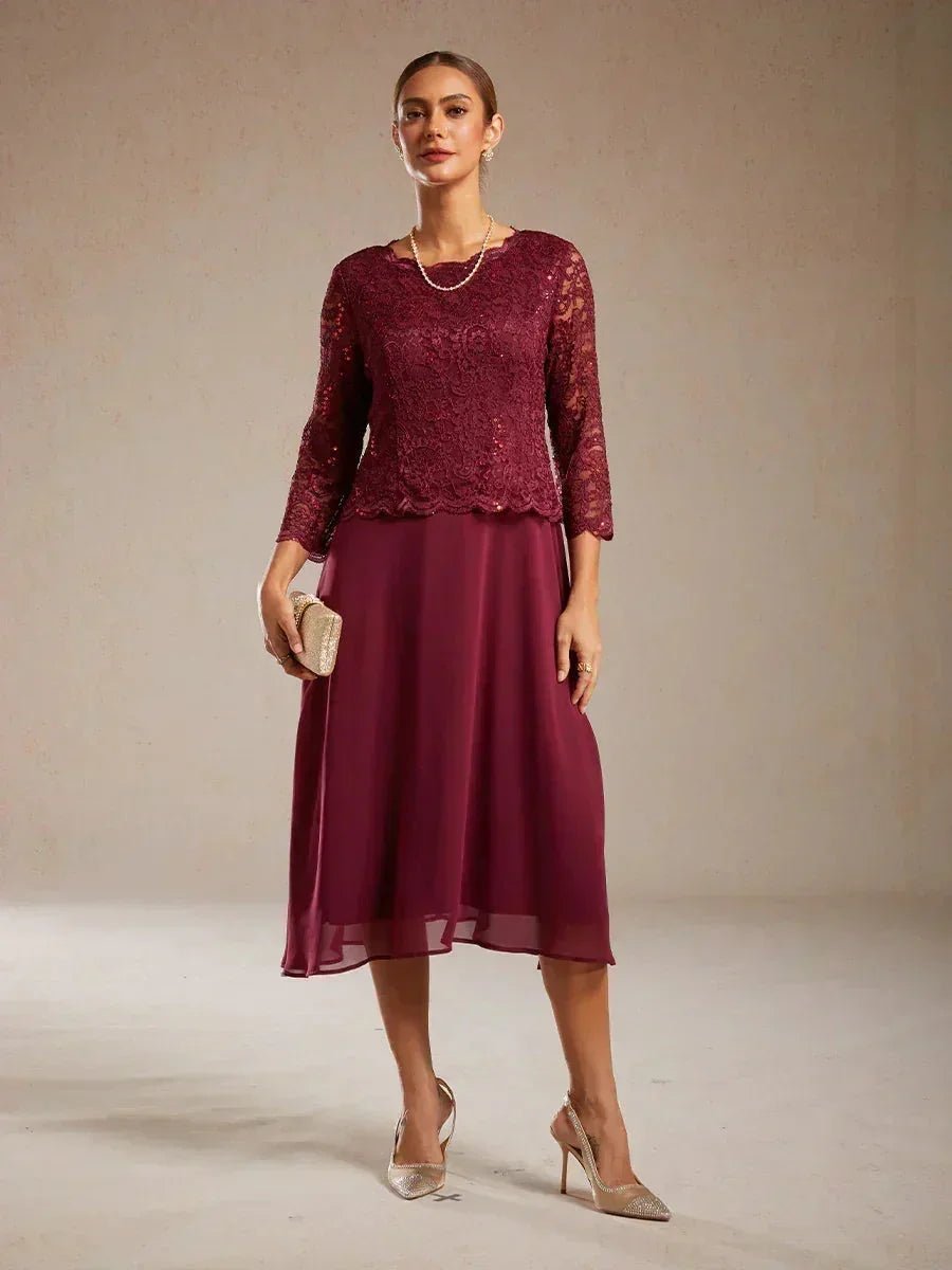 Vestido largo té elegante de encaje y gasa - Nhaura