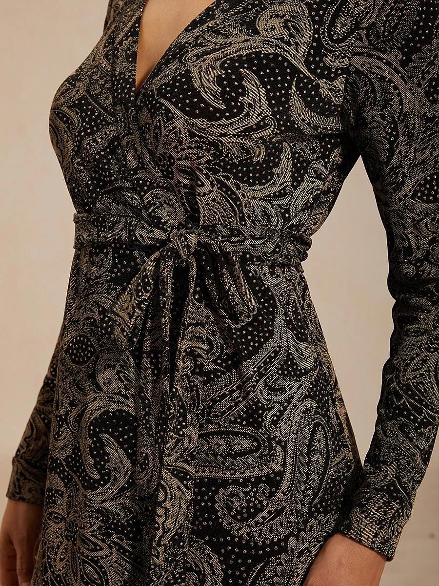 Vestido midi cruzado paisley con sutil detalle de lentejuelas - Nhaura