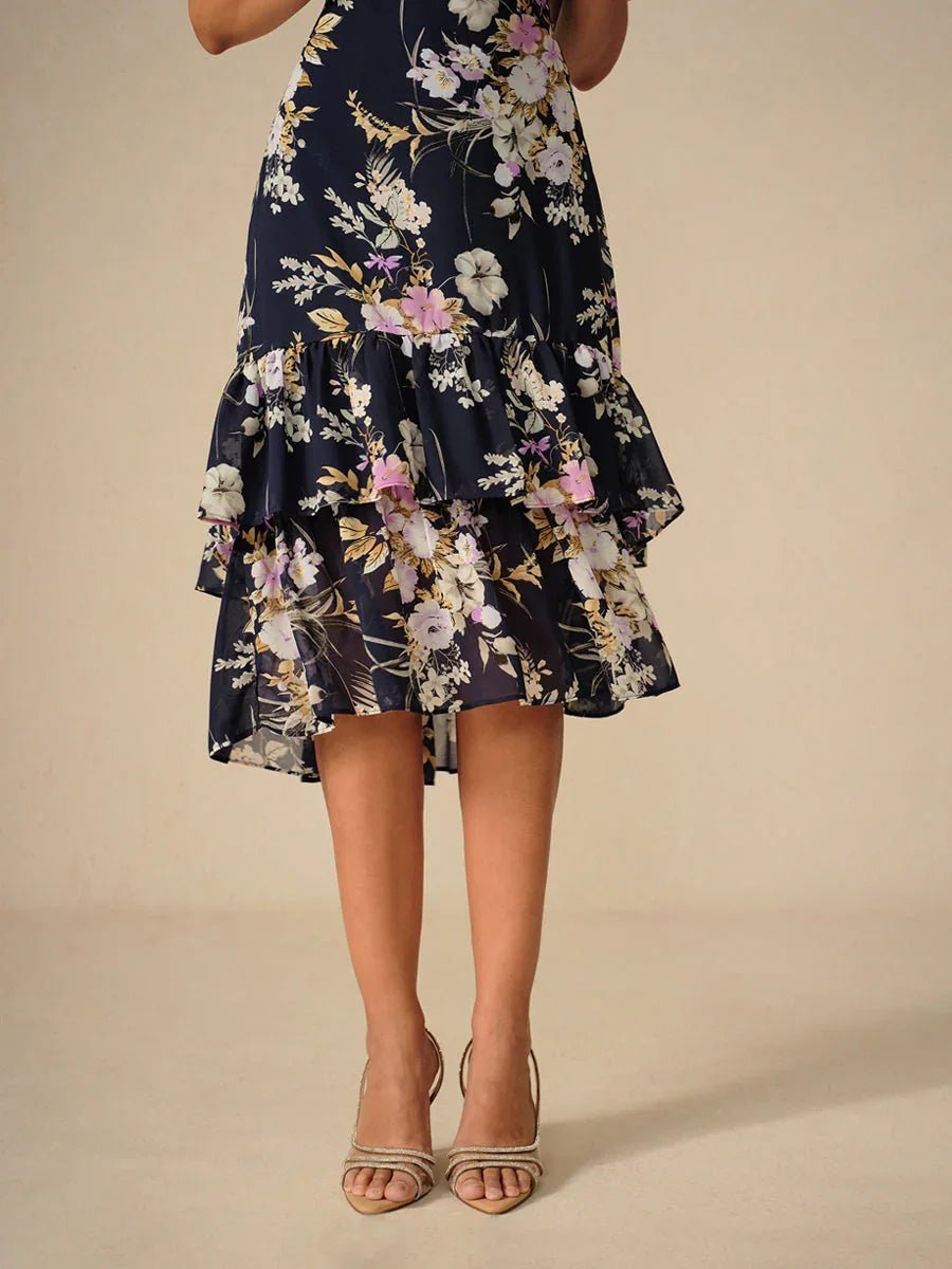 Vestido midi de gasa floral con escote en V y volantes - Nhaura