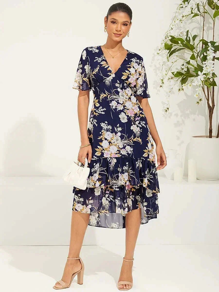 Vestido midi de gasa floral con escote en V y volantes - Nhaura