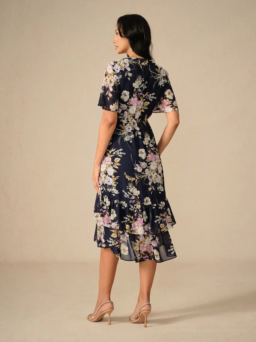 Vestido midi de gasa floral con escote en V y volantes - Nhaura