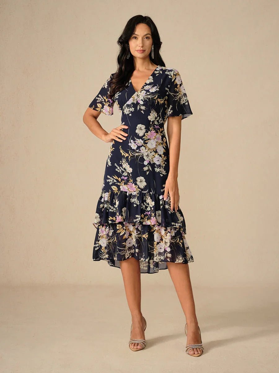Vestido midi de gasa floral con escote en V y volantes - Nhaura