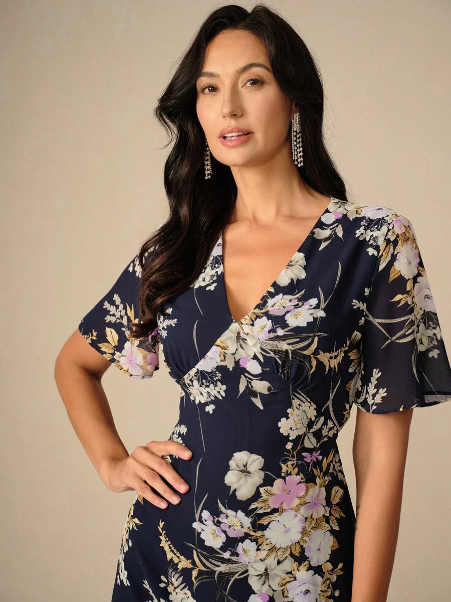 Vestido midi de gasa floral con escote en V y volantes - Nhaura