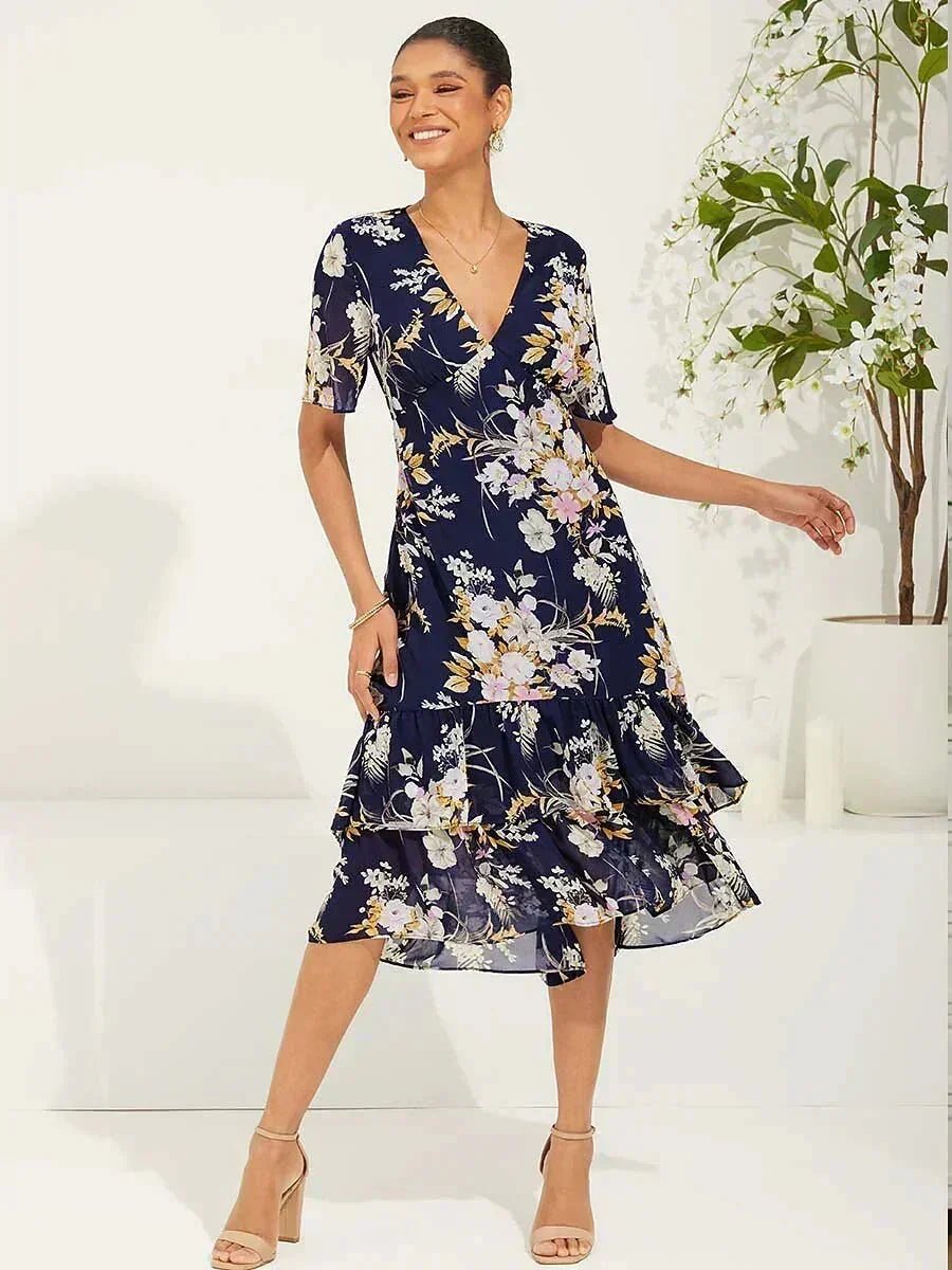 Vestido midi de gasa floral con escote en V y volantes - Nhaura