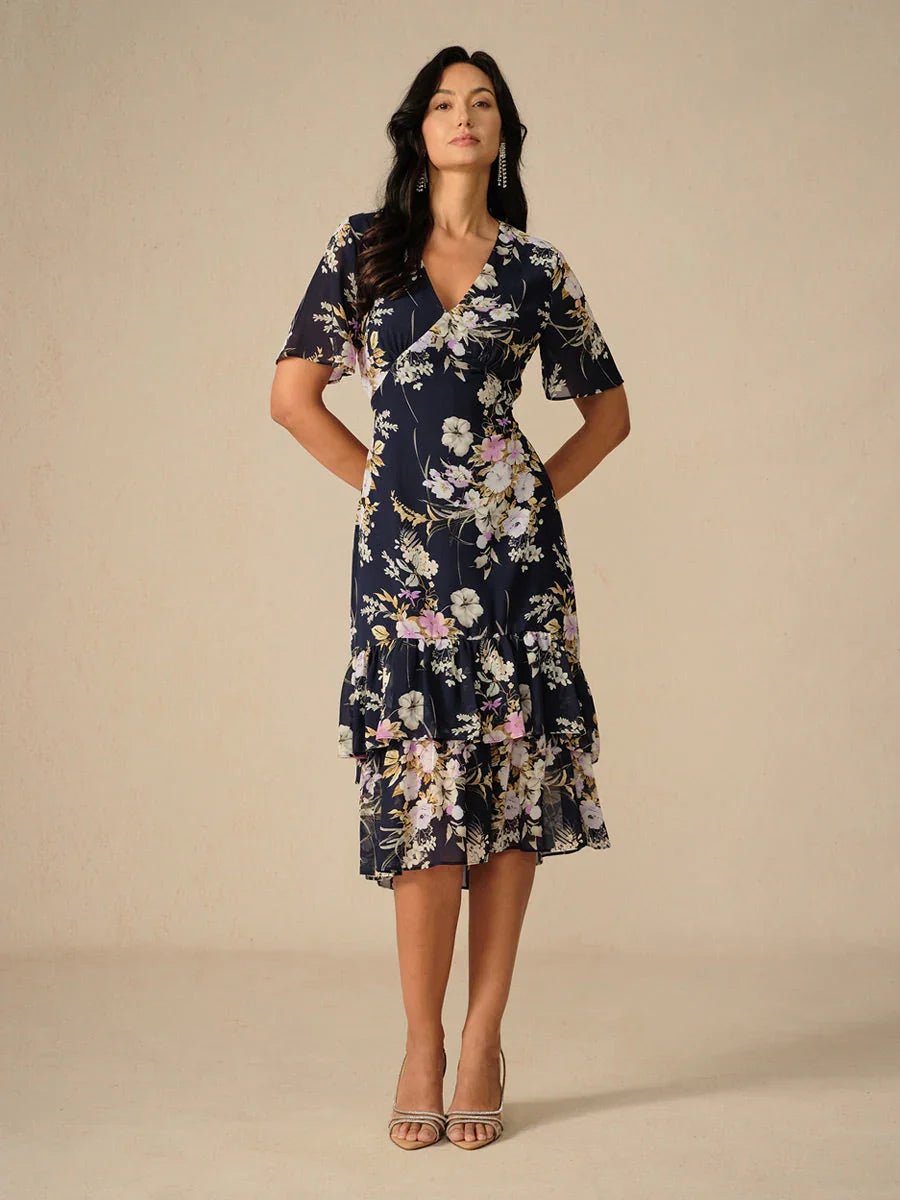 Vestido midi de gasa floral con escote en V y volantes - Nhaura