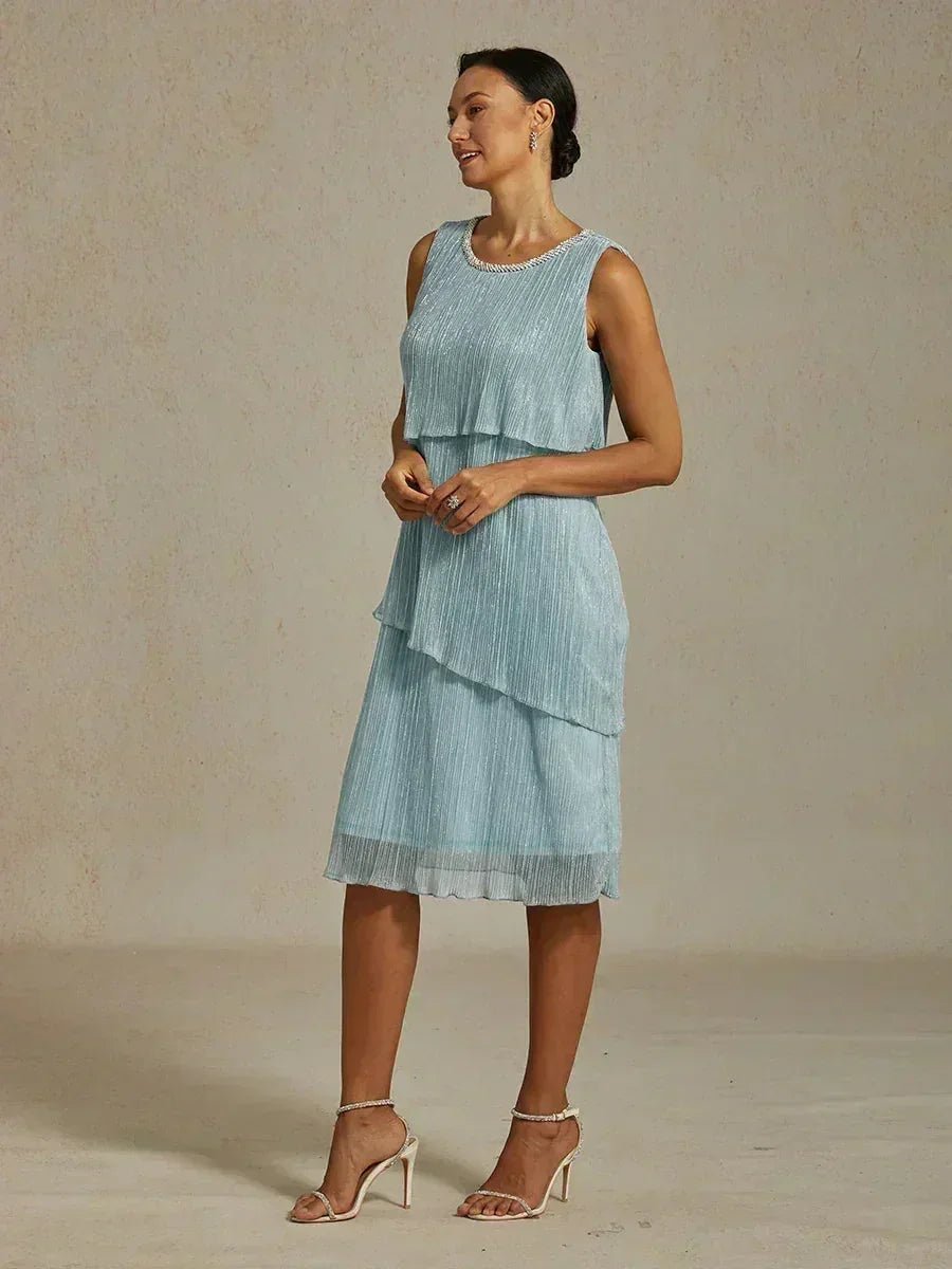 Vestido midi de gasa plisada metalizada con cuello redondo de pedrería - Nhaura