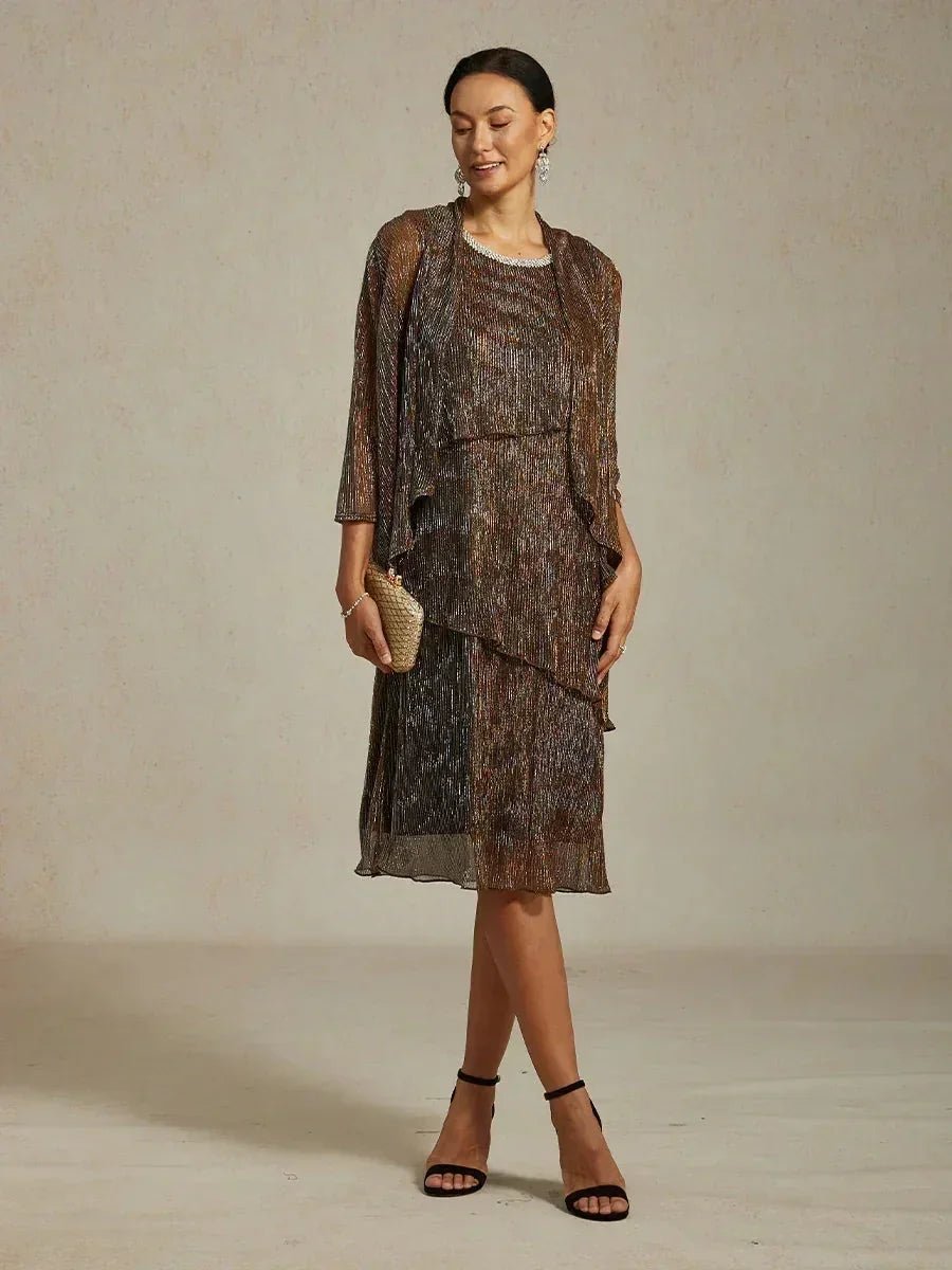 Vestido midi de gasa plisada metalizada con cuello redondo de pedrería - Nhaura
