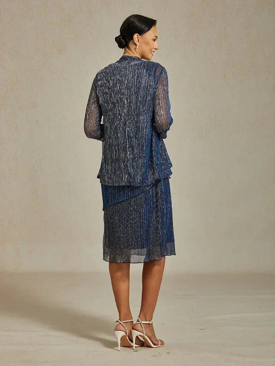 Vestido midi de gasa plisada metalizada con cuello redondo de pedrería - Nhaura