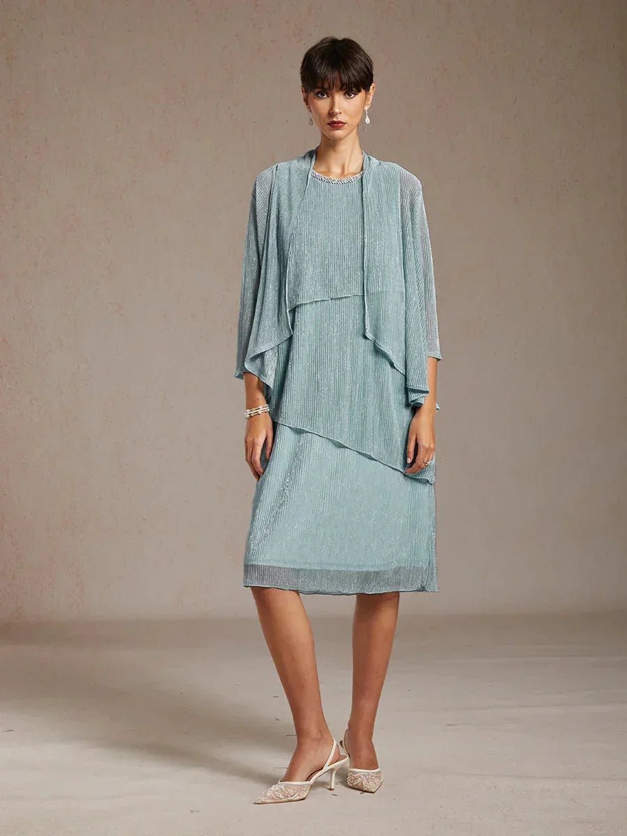 Vestido midi de gasa plisada metalizada con cuello redondo de pedrería - Nhaura