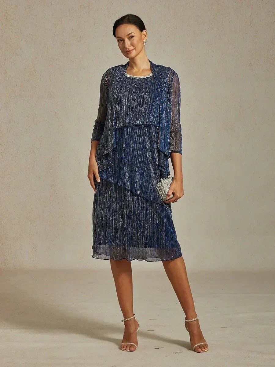 Vestido midi de gasa plisada metalizada con cuello redondo de pedrería - Nhaura