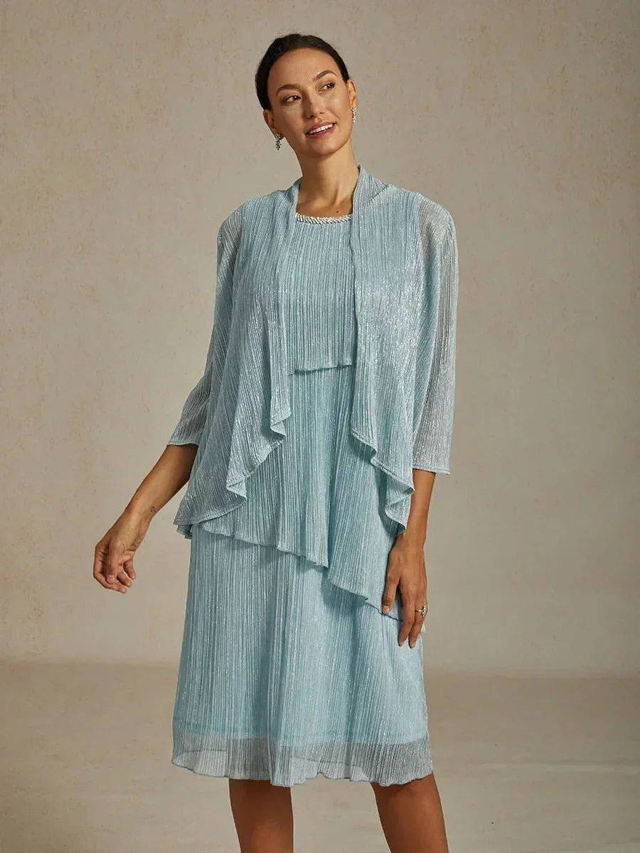 Vestido midi de gasa plisada metalizada con cuello redondo de pedrería - Nhaura