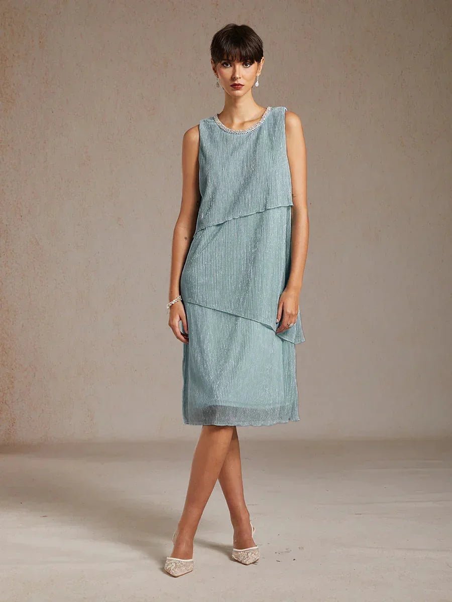 Vestido midi de gasa plisada metalizada con cuello redondo de pedrería - Nhaura