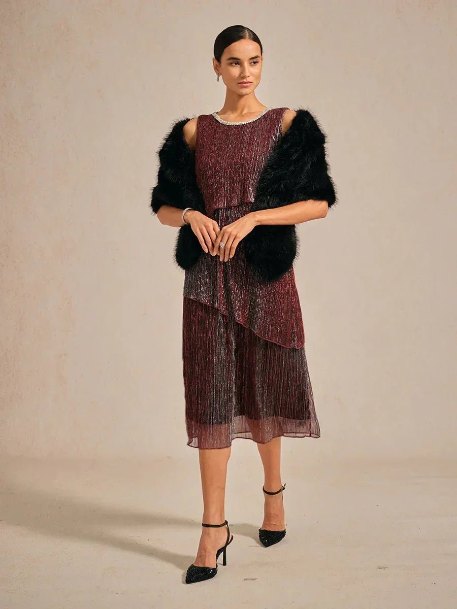 Vestido midi de gasa plisada metalizada con cuello redondo de pedrería - Nhaura