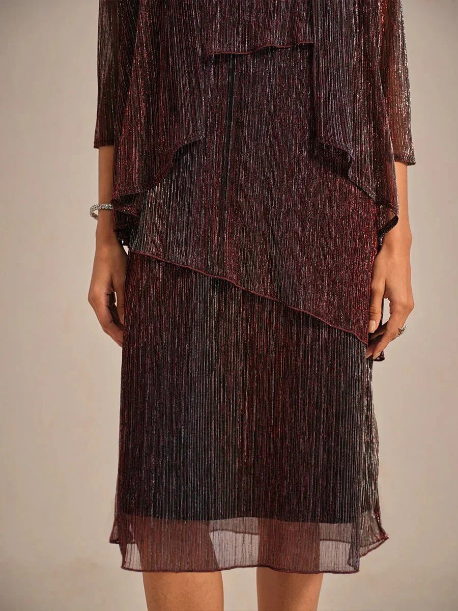 Vestido midi de gasa plisada metalizada con cuello redondo de pedrería - Nhaura