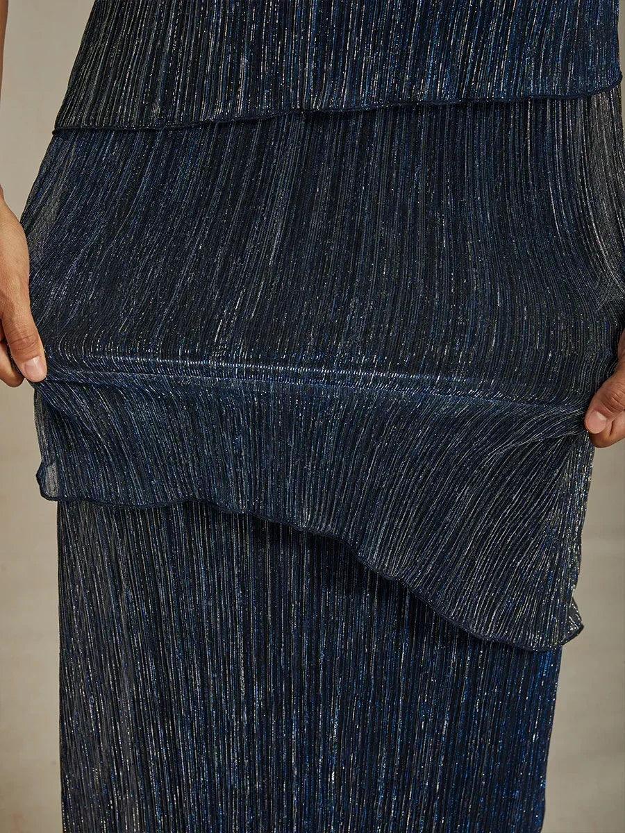 Vestido midi de gasa plisada metalizada con cuello redondo de pedrería - Nhaura