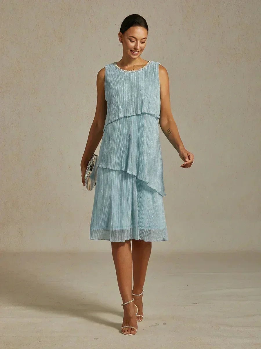 Vestido midi de gasa plisada metalizada con cuello redondo de pedrería - Nhaura