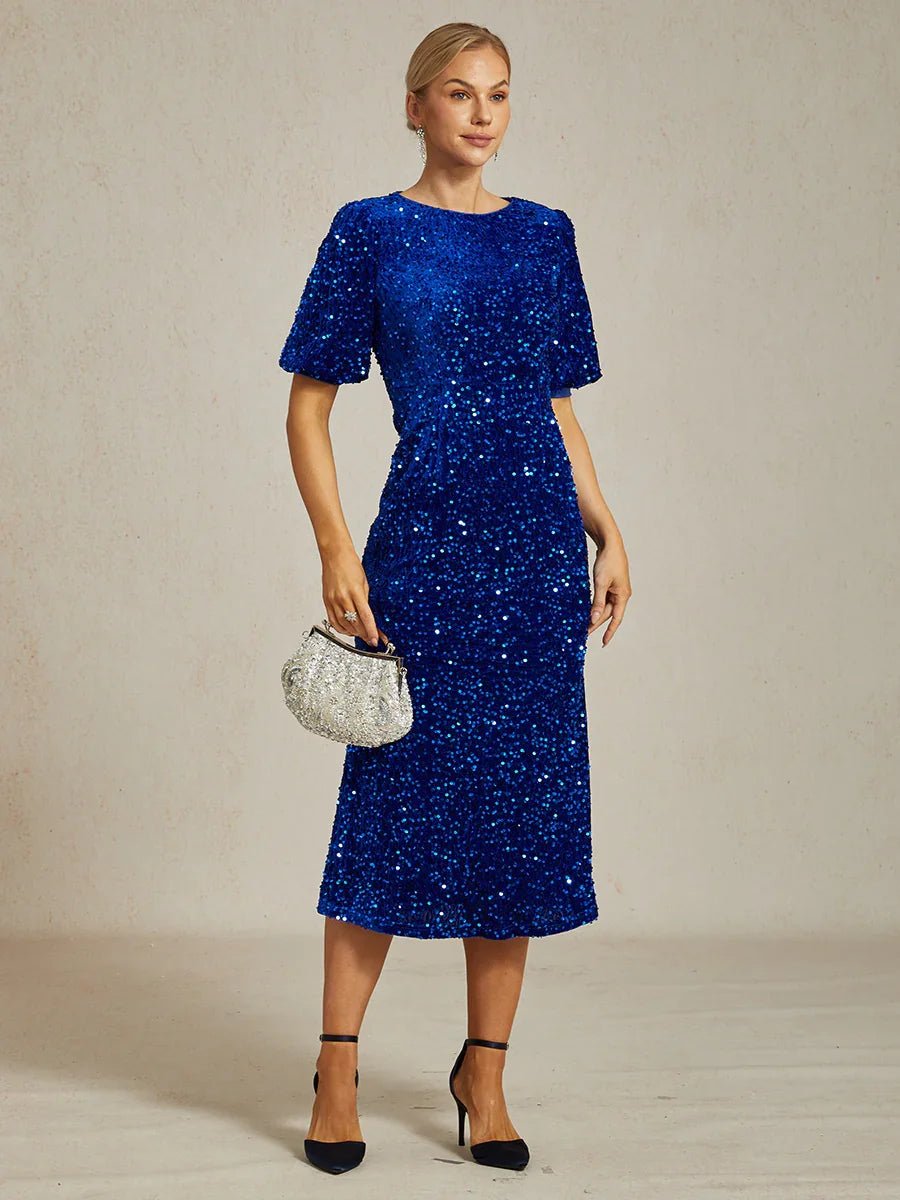 Vestido midi de terciopelo con lentejuelas y mangas abullonadas - Nhaura