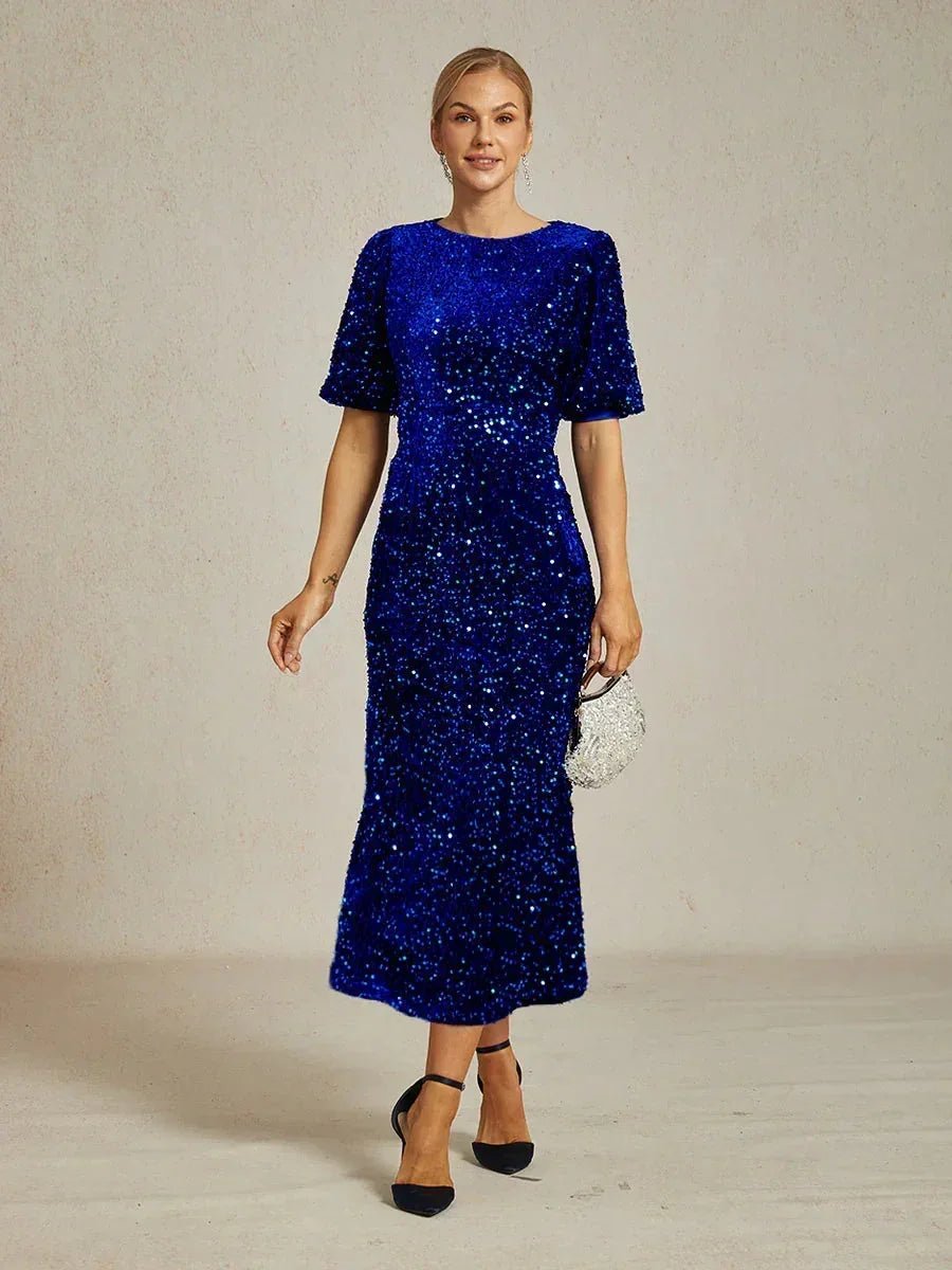 Vestido midi de terciopelo con lentejuelas y mangas abullonadas - Nhaura