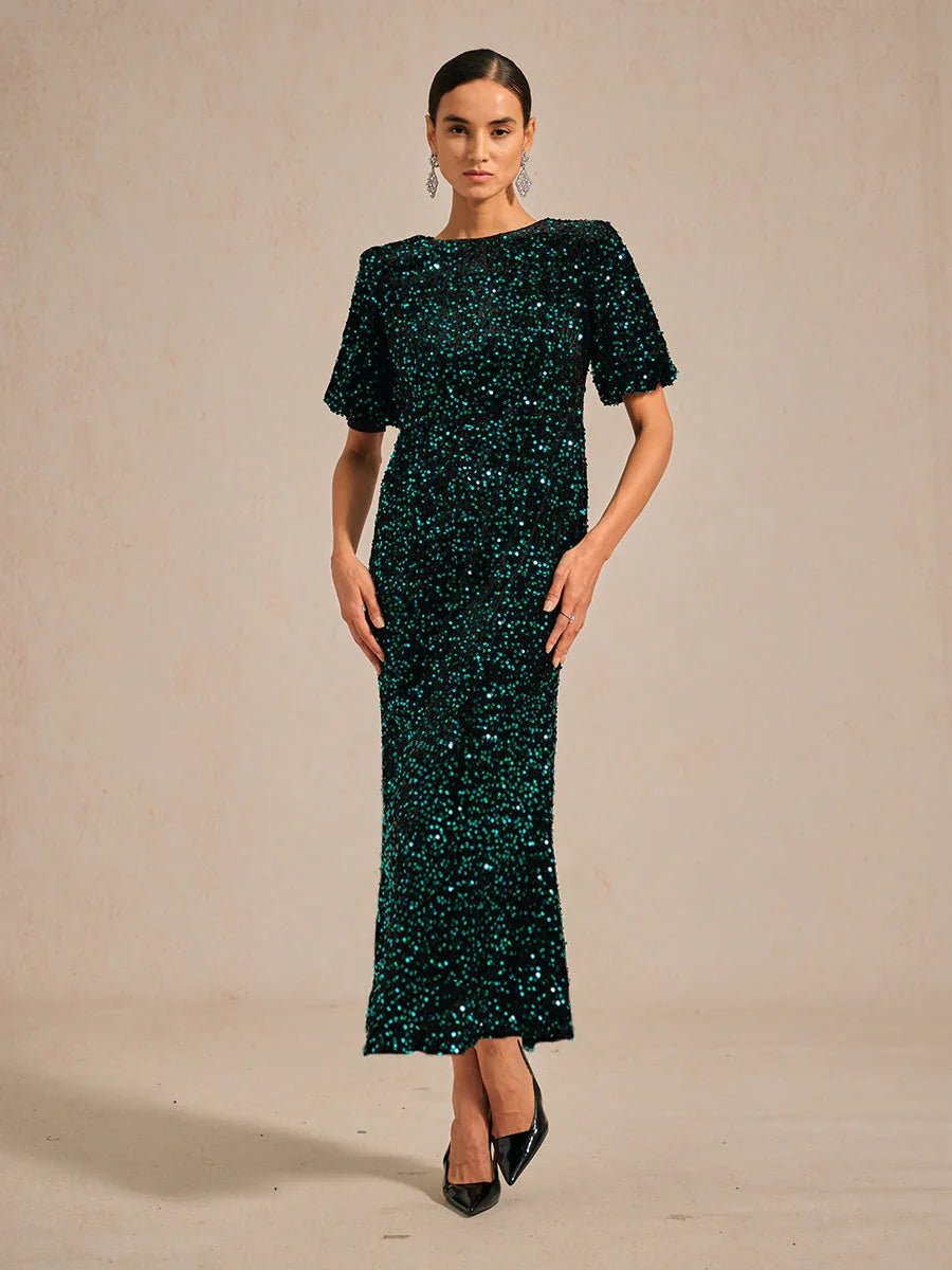 Vestido midi de terciopelo con lentejuelas y mangas abullonadas - Nhaura