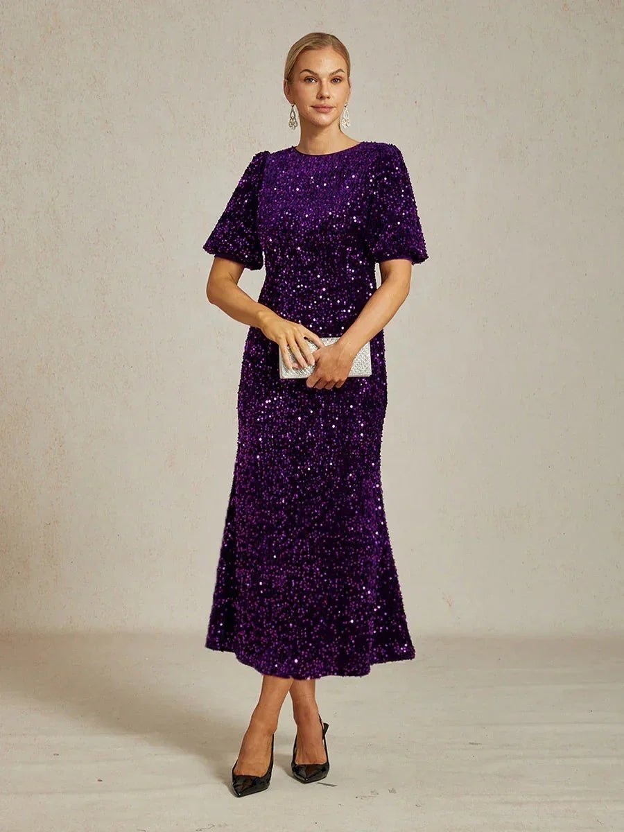 Vestido midi de terciopelo con lentejuelas y mangas abullonadas - Nhaura
