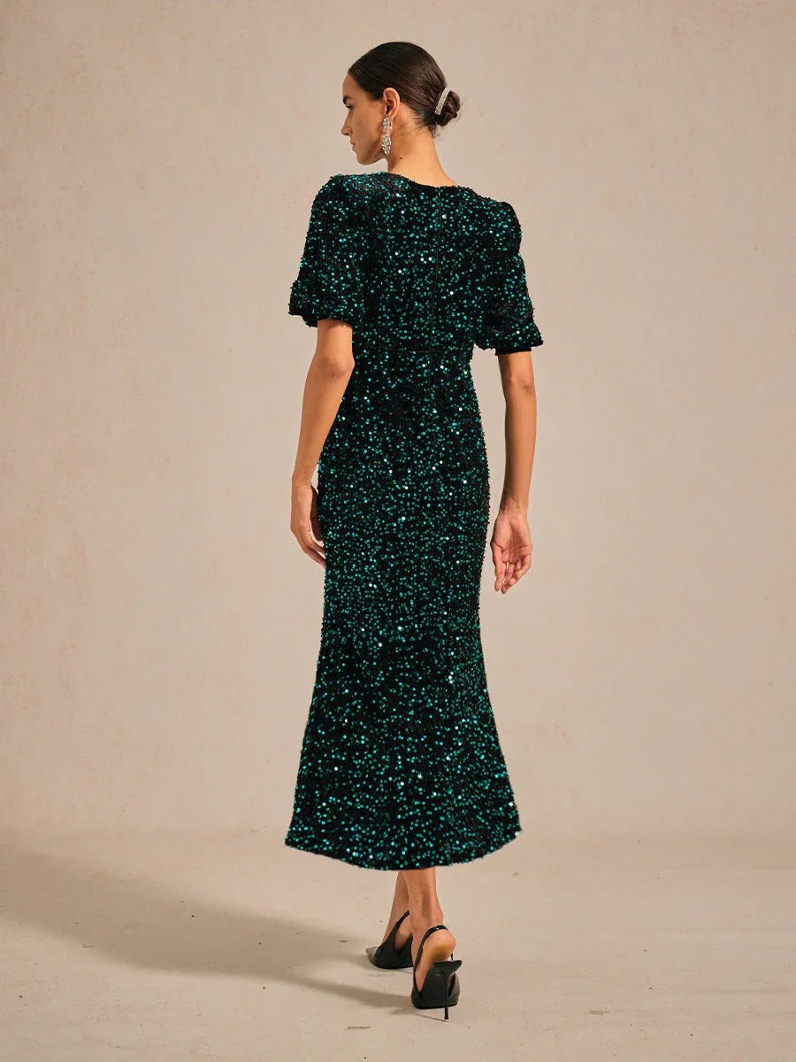 Vestido midi de terciopelo con lentejuelas y mangas abullonadas - Nhaura