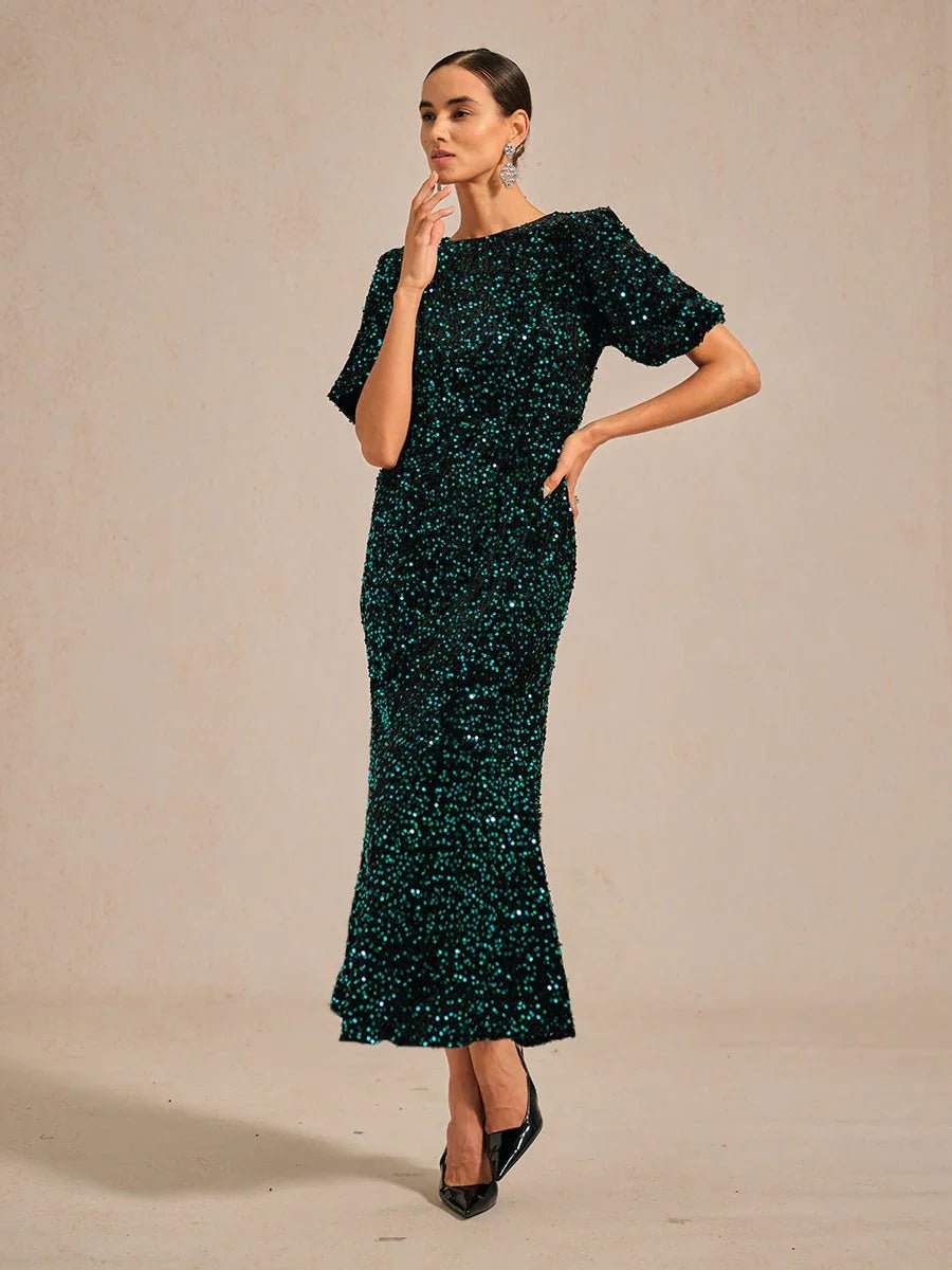 Vestido midi de terciopelo con lentejuelas y mangas abullonadas - Nhaura
