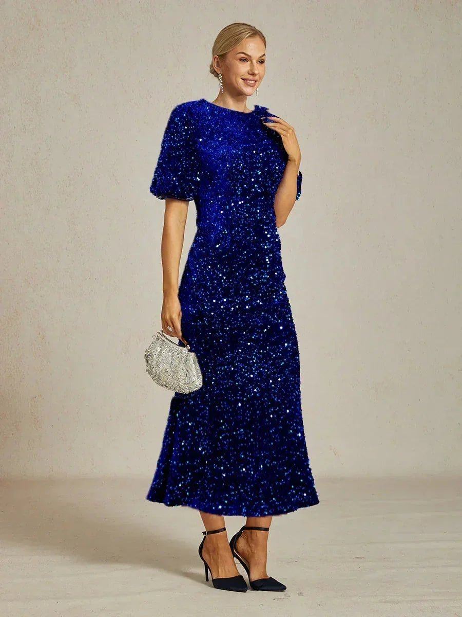 Vestido midi de terciopelo con lentejuelas y mangas abullonadas - Nhaura