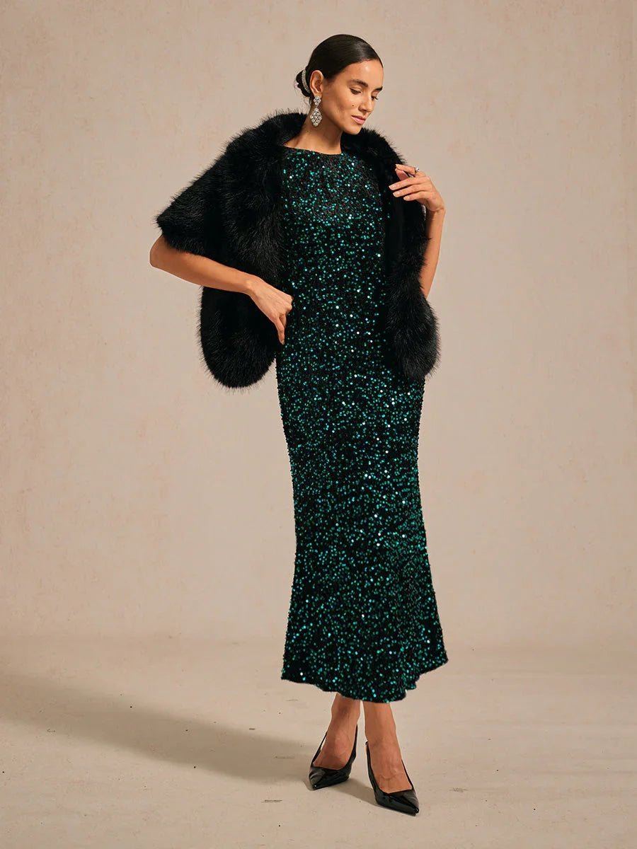 Vestido midi de terciopelo con lentejuelas y mangas abullonadas - Nhaura