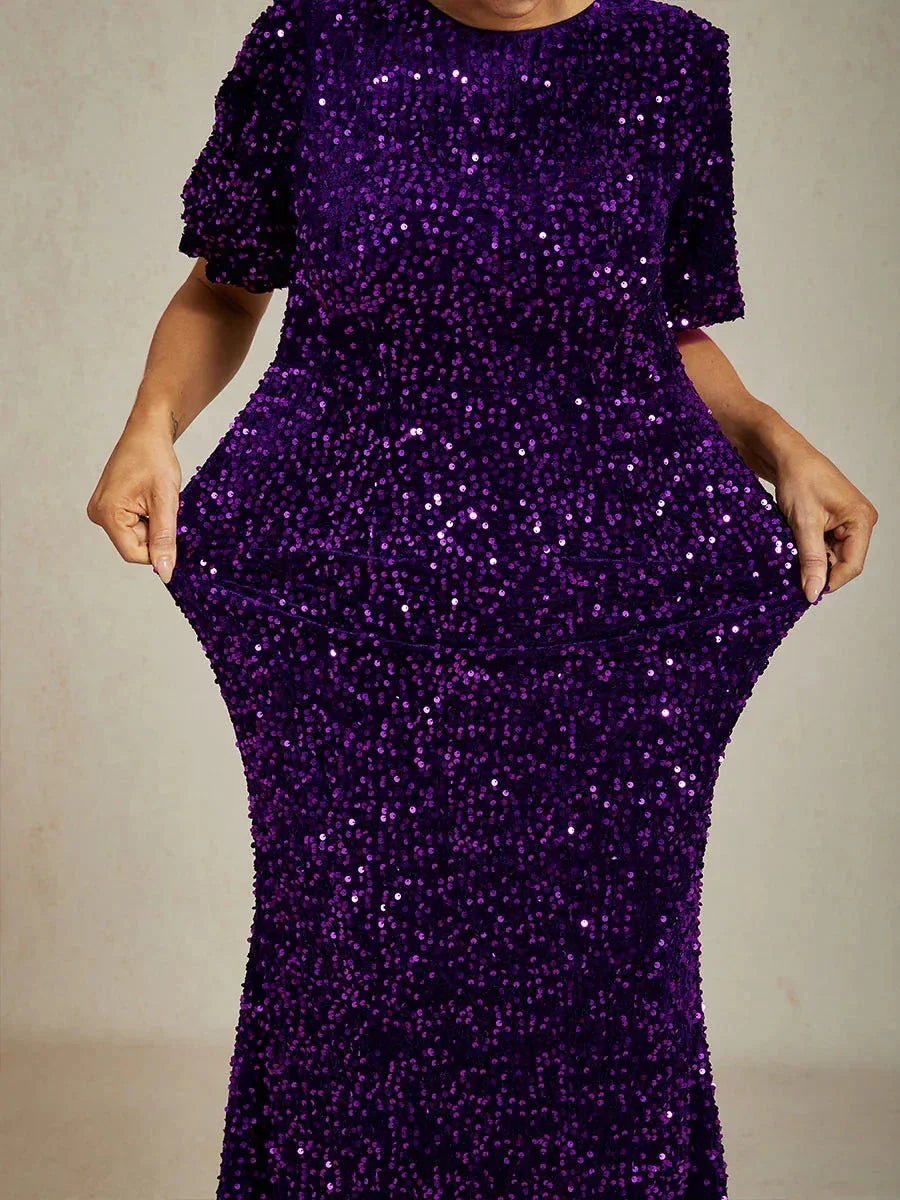Vestido midi de terciopelo con lentejuelas y mangas abullonadas - Nhaura
