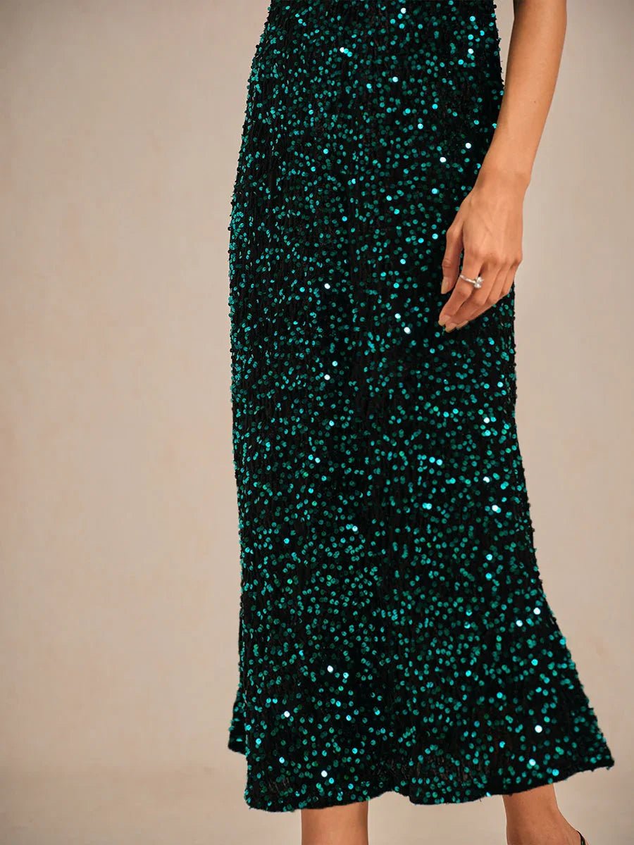 Vestido midi de terciopelo con lentejuelas y mangas abullonadas - Nhaura