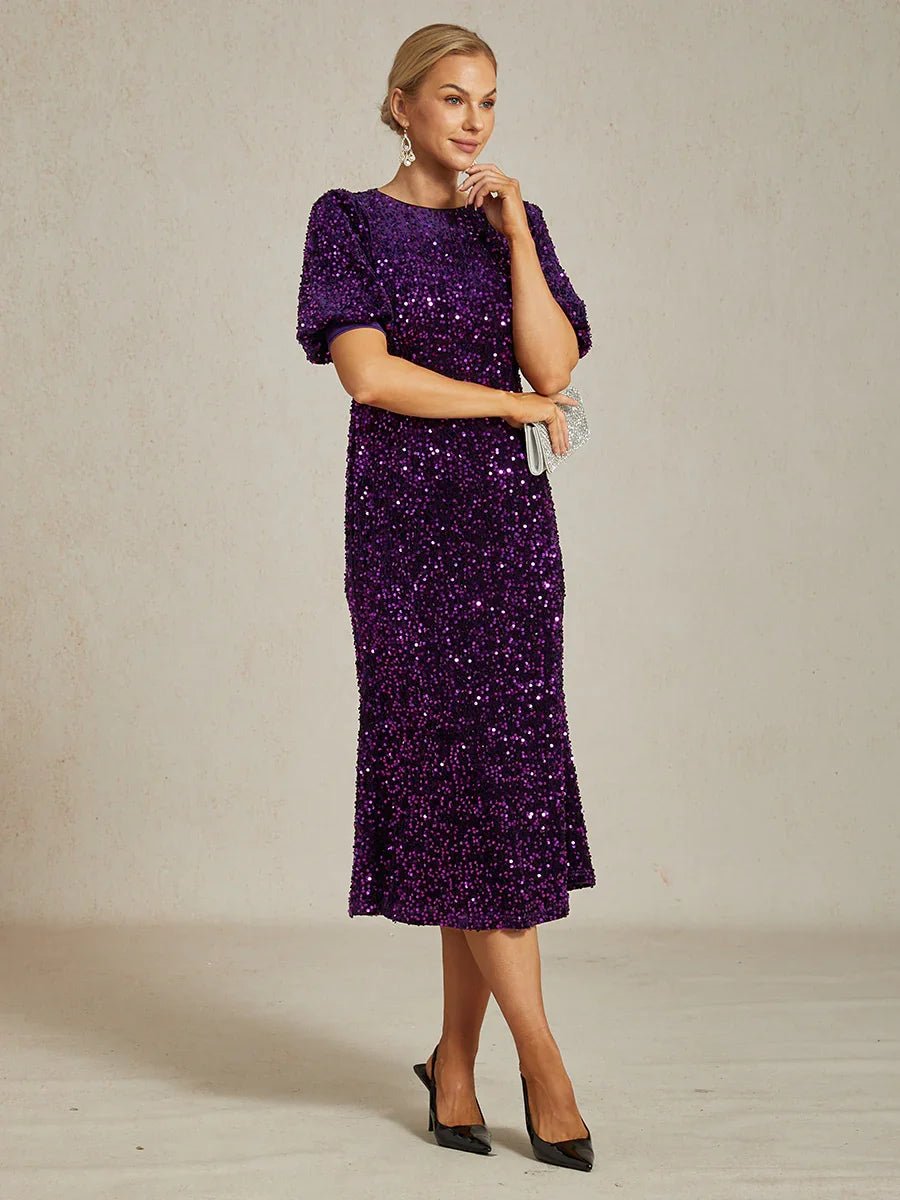 Vestido midi de terciopelo con lentejuelas y mangas abullonadas - Nhaura