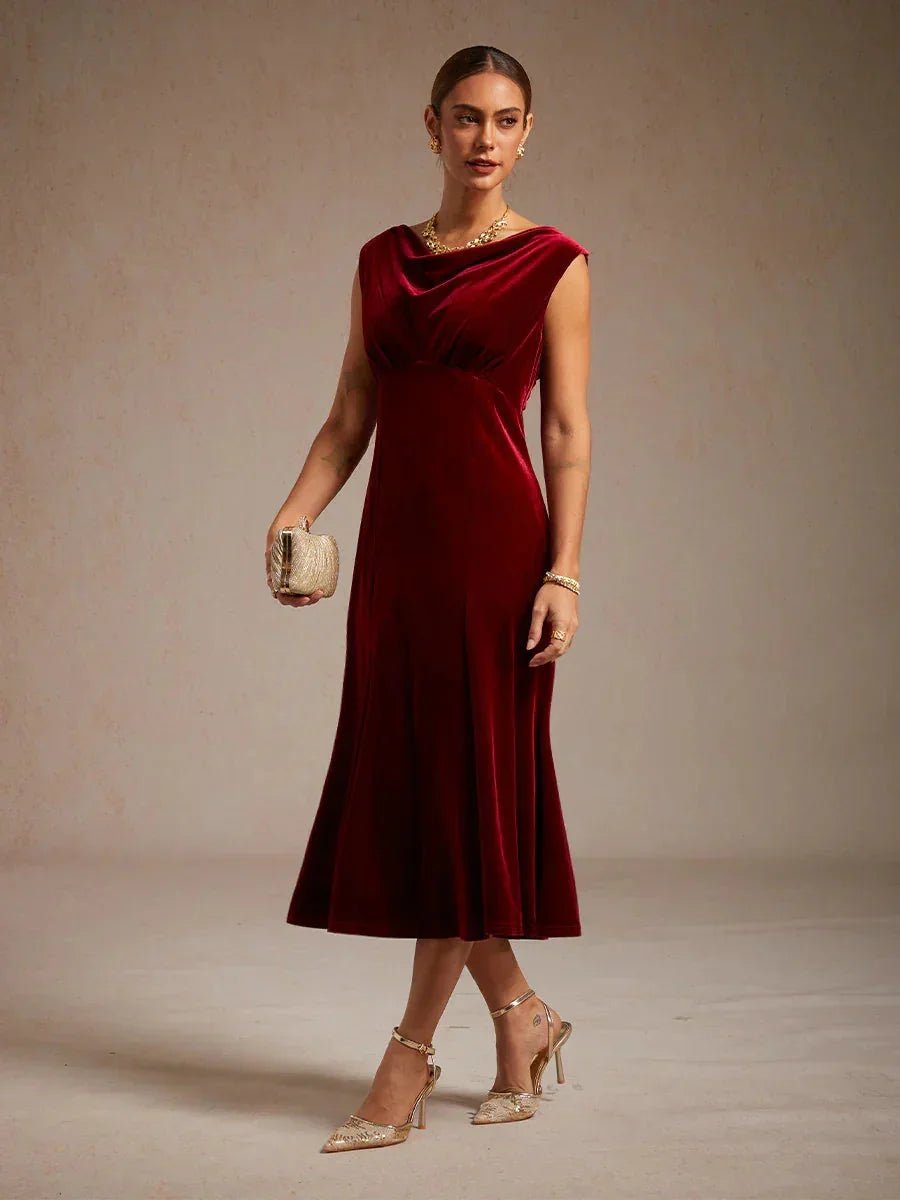 Vestido midi de terciopelo elástico sin mangas con cuello drapeado - Nhaura