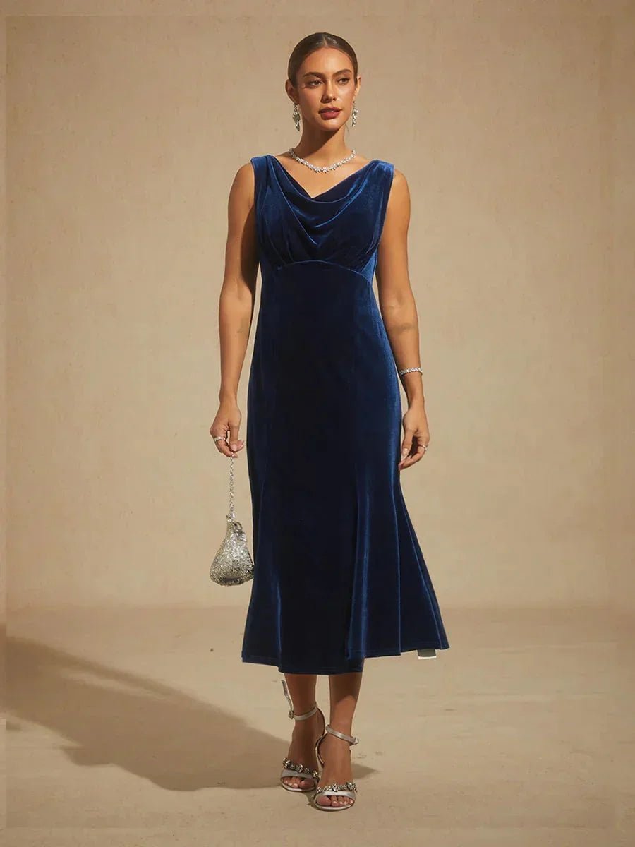 Vestido midi de terciopelo elástico sin mangas con cuello drapeado - Nhaura