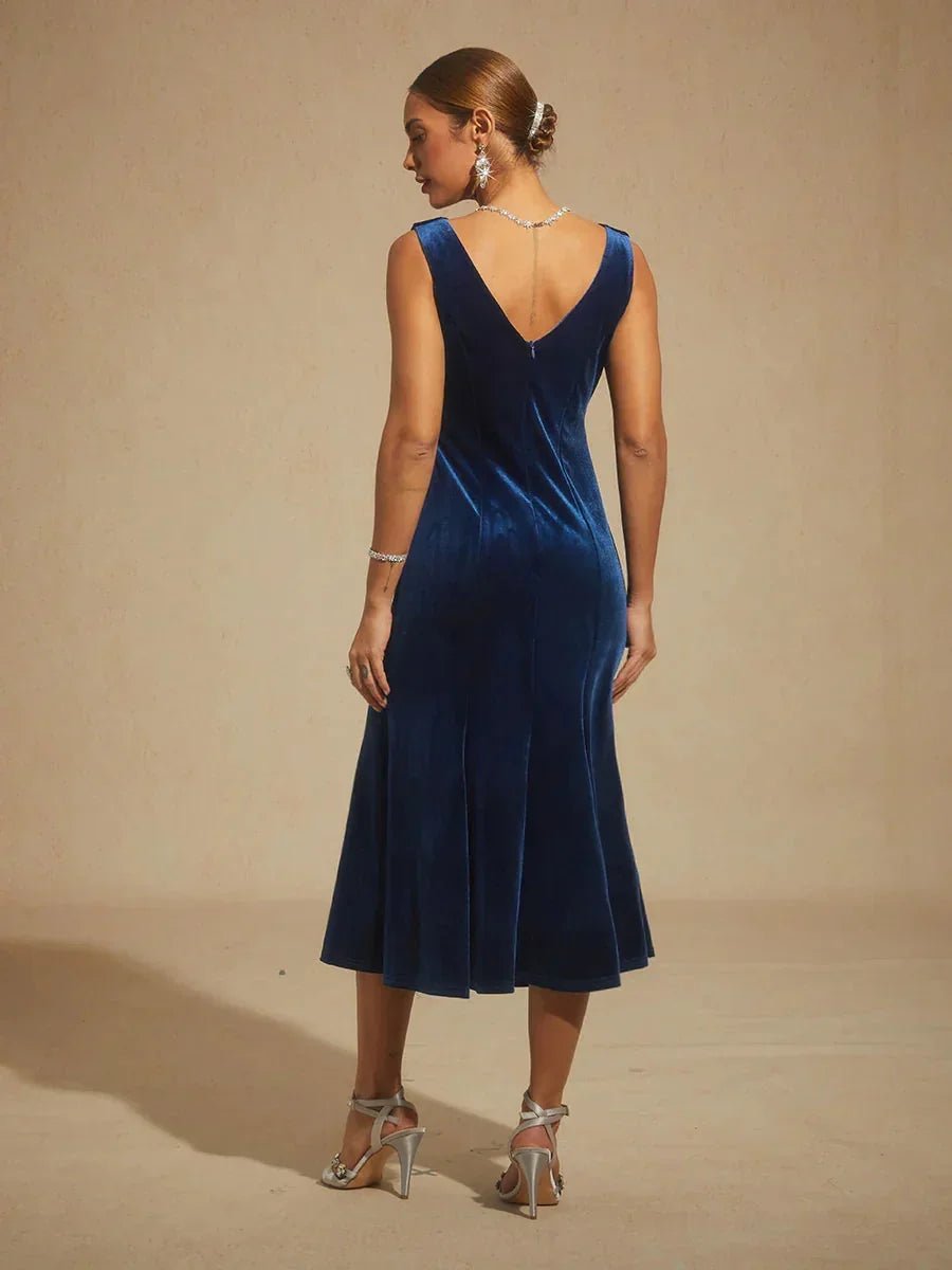 Vestido midi de terciopelo elástico sin mangas con cuello drapeado - Nhaura